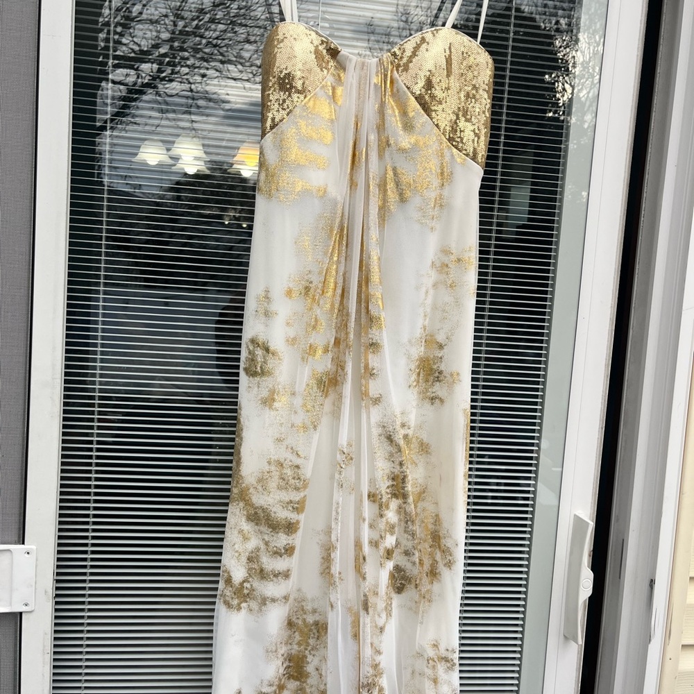 Adrianna Papell White & Gold Sequin Evening Dress